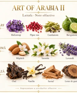 Note Art of Arabia II: heliotrop, piper roz, cardamom, bergamotă, migdală, iasomie, lavandă, oud, vanilie, santal și lemn de guaiac