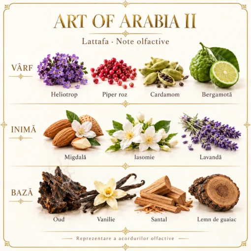 Note Art of Arabia II: heliotrop, piper roz, cardamom, bergamotă, migdală, iasomie, lavandă, oud, vanilie, santal și lemn de guaiac