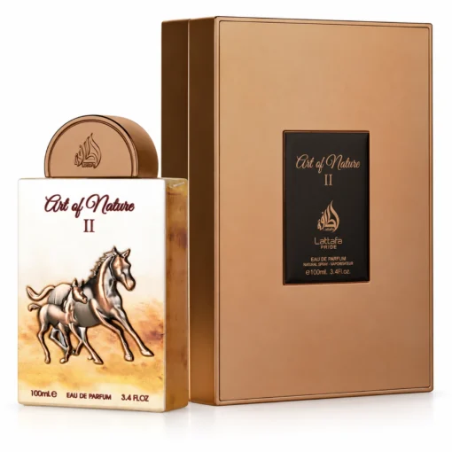 Lattafa Pride Art of Nature II 100 ml – flacon cu decor de cai în relief și cutie bronz
