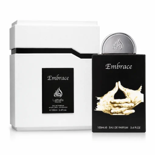 Lattafa Pride Embrace 100 ml – flacon negru cu mâini împreunate și cutie albă originală