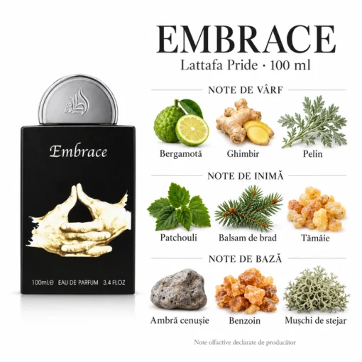 Lattafa Pride Embrace 100 ml – note de bergamotă, ghimbir, pelin, patchouli, balsam de brad, tămâie, ambră cenușie, benzoin și mușchi de stejar