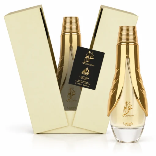 Lattafa Pride Gharam 100 ml – flacon cu detalii aurii și cutie originală deschisă