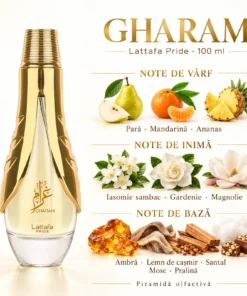 Lattafa Pride Gharam 100 ml – note de pară, mandarină, ananas, iasomie sambac, gardenie, magnolie și bază lemnoasă cu pralină