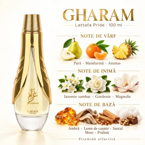 Lattafa Pride Gharam 100 ml – note de pară, mandarină, ananas, iasomie sambac, gardenie, magnolie și bază lemnoasă cu pralină