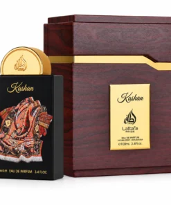 Lattafa Pride Kashan 100 ml – flacon negru cu decor de covoare și cutie cu aspect de lemn