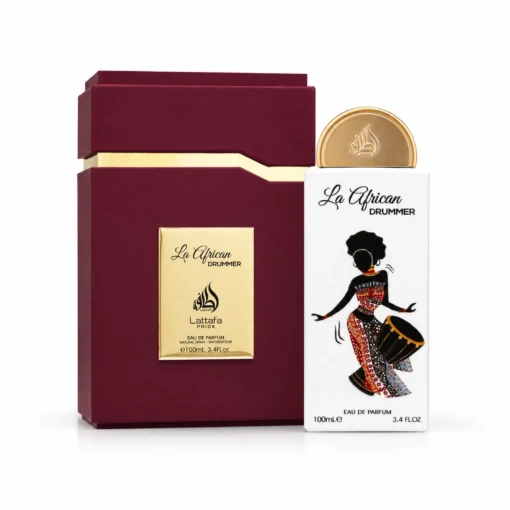 Lattafa Pride La African Drummer 100 ml – flacon alb cu decor de toboșară și cutie bordo