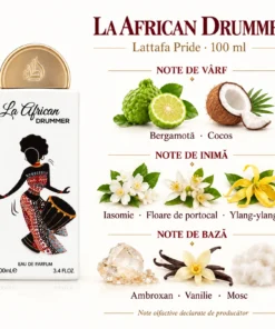 Lattafa Pride La African Drummer 100 ml – note de bergamotă, cocos, iasomie, floare de portocal, ylang-ylang, ambroxan, vanilie și mosc
