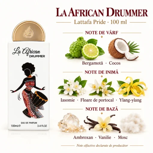 Lattafa Pride La African Drummer 100 ml – note de bergamotă, cocos, iasomie, floare de portocal, ylang-ylang, ambroxan, vanilie și mosc