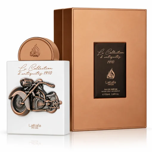 Lattafa Pride La Collection d’Antiquités 1910 Apă de Parfum Unisex 100 ml – flacon și cutie pe fundal alb