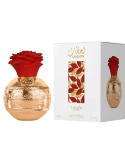 Flacon Lattafa Pride Lahdath 80 ml și cutia originală, pe fundal alb