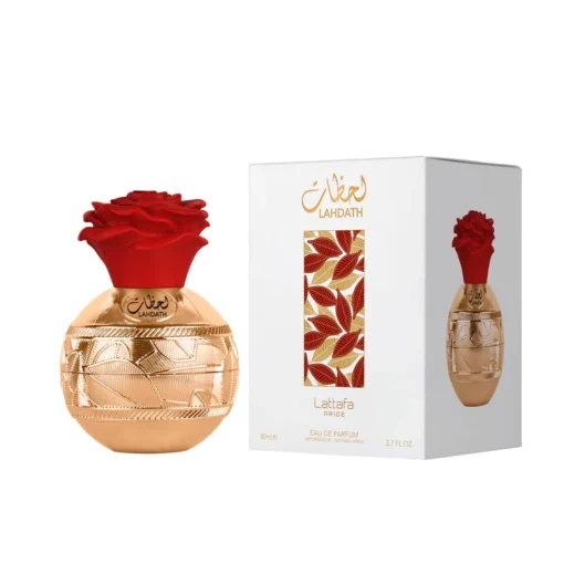 Flacon Lattafa Pride Lahdath 80 ml și cutia originală, pe fundal alb