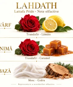 Note olfactive Lattafa Pride Lahdath: trandafir, lămâie, caramel, mosc și cedru