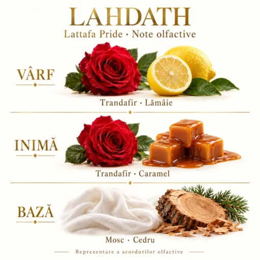 Note olfactive Lattafa Pride Lahdath: trandafir, lămâie, caramel, mosc și cedru