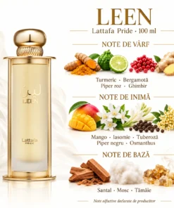 Lattafa Pride Leen 100 ml – piramidă olfactivă cu turmeric, citrice, piper, mango, flori, santal, mosc și tămâie