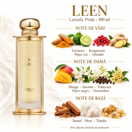 Lattafa Pride Leen 100 ml – piramidă olfactivă cu turmeric, citrice, piper, mango, flori, santal, mosc și tămâie