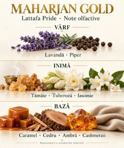 Maharjan Gold – lavandă, piper, tămâie, tuberoză, iasomie, caramel, cedru, ambră și Cashmeran