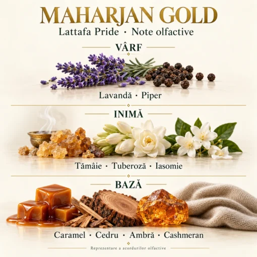 Maharjan Gold – lavandă, piper, tămâie, tuberoză, iasomie, caramel, cedru, ambră și Cashmeran