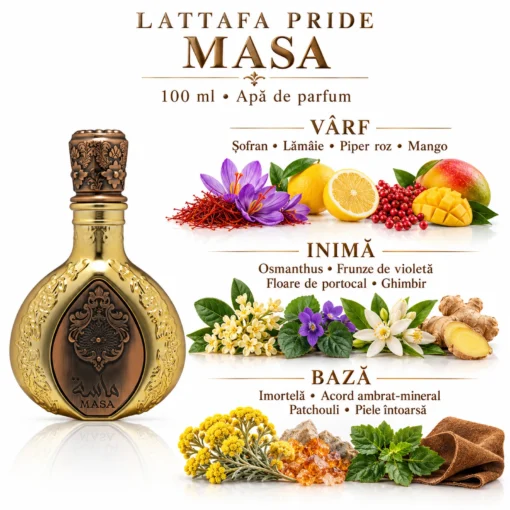 Piramida olfactivă Masa: mango și condimente; flori și ghimbir; imortelă, acord ambrat-mineral, patchouli și piele întoarsă
