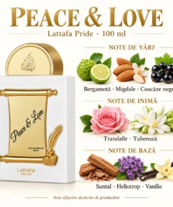 Lattafa Pride Peace & Love 100 ml – piramidă cu bergamotă, migdale, coacăze negre, trandafir, tuberoză, santal, heliotrop și vanilie