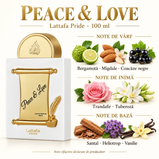 Lattafa Pride Peace & Love 100 ml – piramidă cu bergamotă, migdale, coacăze negre, trandafir, tuberoză, santal, heliotrop și vanilie