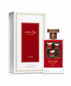 Lattafa Pride Royal Sapphire 100 ml, flacon roșu cu detalii bronz și cutie albă
