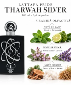 Piramida olfactivă Tharwah Silver: mentă și bergamotă; salvie sclarea și lavandă; cedru, mosc și vetiver