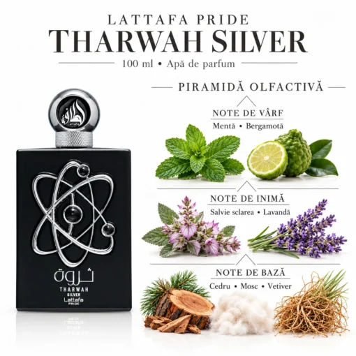 Piramida olfactivă Tharwah Silver: mentă și bergamotă; salvie sclarea și lavandă; cedru, mosc și vetiver