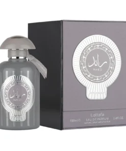 Flacon gri Lattafa Raed Intensely 100 ml alături de cutia originală