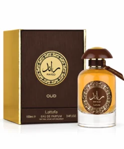 Lattafa Raed Oud 100 ml, flacon cu capac maro și cutie maro-aurie