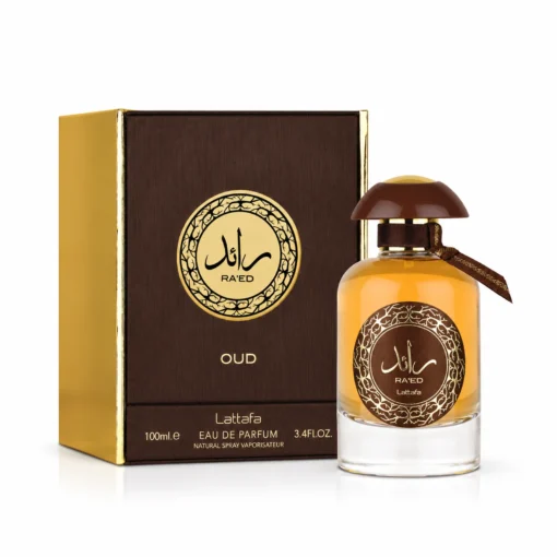 Lattafa Raed Oud 100 ml, flacon cu capac maro și cutie maro-aurie