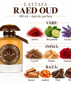 Piramida Raed Oud: șofran, bergamotă, lavandă, cypriol, tămâie, trandafir, santal, ambră, oud și piele