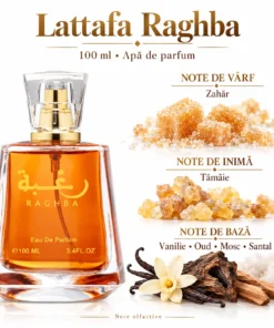 Lattafa Raghba 100 ml și piramida olfactivă cu zahăr, tămâie, vanilie, oud, mosc și santal