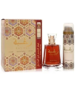 Lattafa Raghba For Women set 100 ml + deodorant 50 ml, set cu flacon, deodorant și ambalaj, pe fundal alb