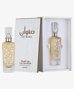 Lattafa Safwaan L’Autre Musk 100 ml, flacon prezentat lângă și în cutia originală albă