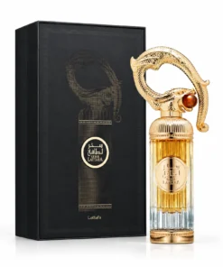 Lattafa Sehr 100 ml, flacon auriu cu capac sculptat în formă de dragon și cutie neagră