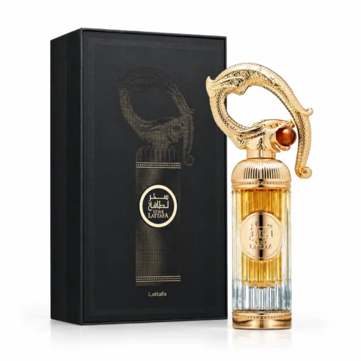 Lattafa Sehr 100 ml, flacon auriu cu capac sculptat în formă de dragon și cutie neagră