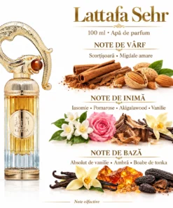 Lattafa Sehr 100 ml și piramida olfactivă cu scorțișoară, migdale amare, iasomie și vanilie
