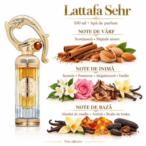 Lattafa Sehr 100 ml și piramida olfactivă cu scorțișoară, migdale amare, iasomie și vanilie