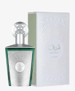 Flacon Lattafa Sherif 100 ml și cutia originală albă, cu detalii argintii
