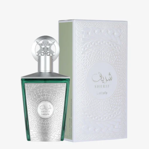 Flacon Lattafa Sherif 100 ml și cutia originală albă, cu detalii argintii