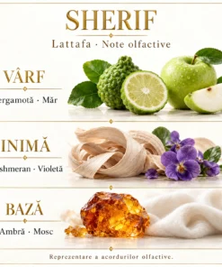 Note Lattafa Sherif: bergamotă, măr, Cashmeran, violetă, ambră și mosc
