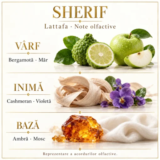 Note Lattafa Sherif: bergamotă, măr, Cashmeran, violetă, ambră și mosc