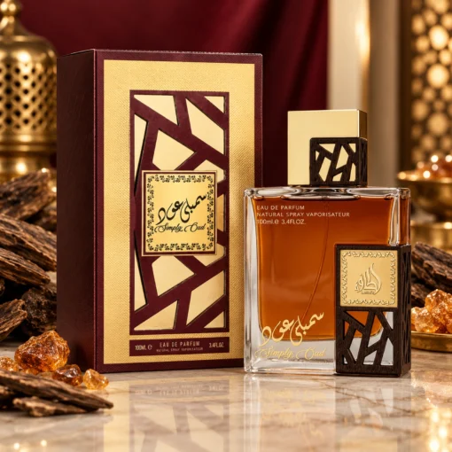 Lattafa Simply Oud Parfum Unisex 100 ml – flacon și cutie în decor