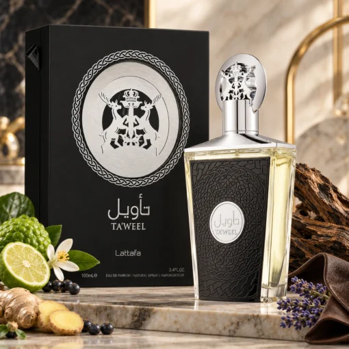 Lattafa Ta'weel Parfum Unisex 100 ml – flacon și cutie în decor