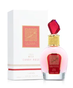 Lattafa Thameen Musk Candy Rose 100 ml, flacon roz cu capac roșu și cutia originală