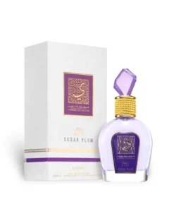 Lattafa Thameen Musk Sugar Plum 100 ml, flacon liliachiu cu capac violet și cutia originală