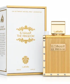 Lattafa The Kingdom Men 100 ml, flacon auriu dreptunghiular și cutie albă cu detalii aurii