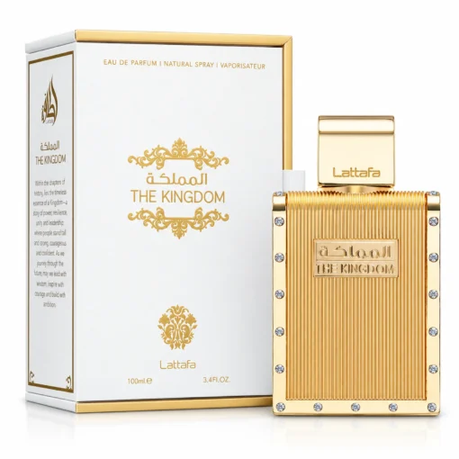 Lattafa The Kingdom Men 100 ml, flacon auriu dreptunghiular și cutie albă cu detalii aurii