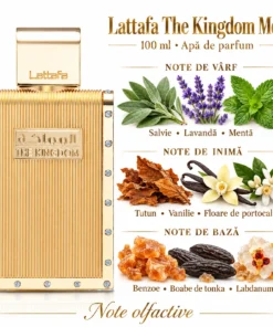 Lattafa The Kingdom Men 100 ml și piramida olfactivă cu salvie, lavandă, mentă, tutun și vanilie