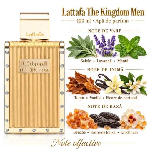 Lattafa The Kingdom Men 100 ml și piramida olfactivă cu salvie, lavandă, mentă, tutun și vanilie